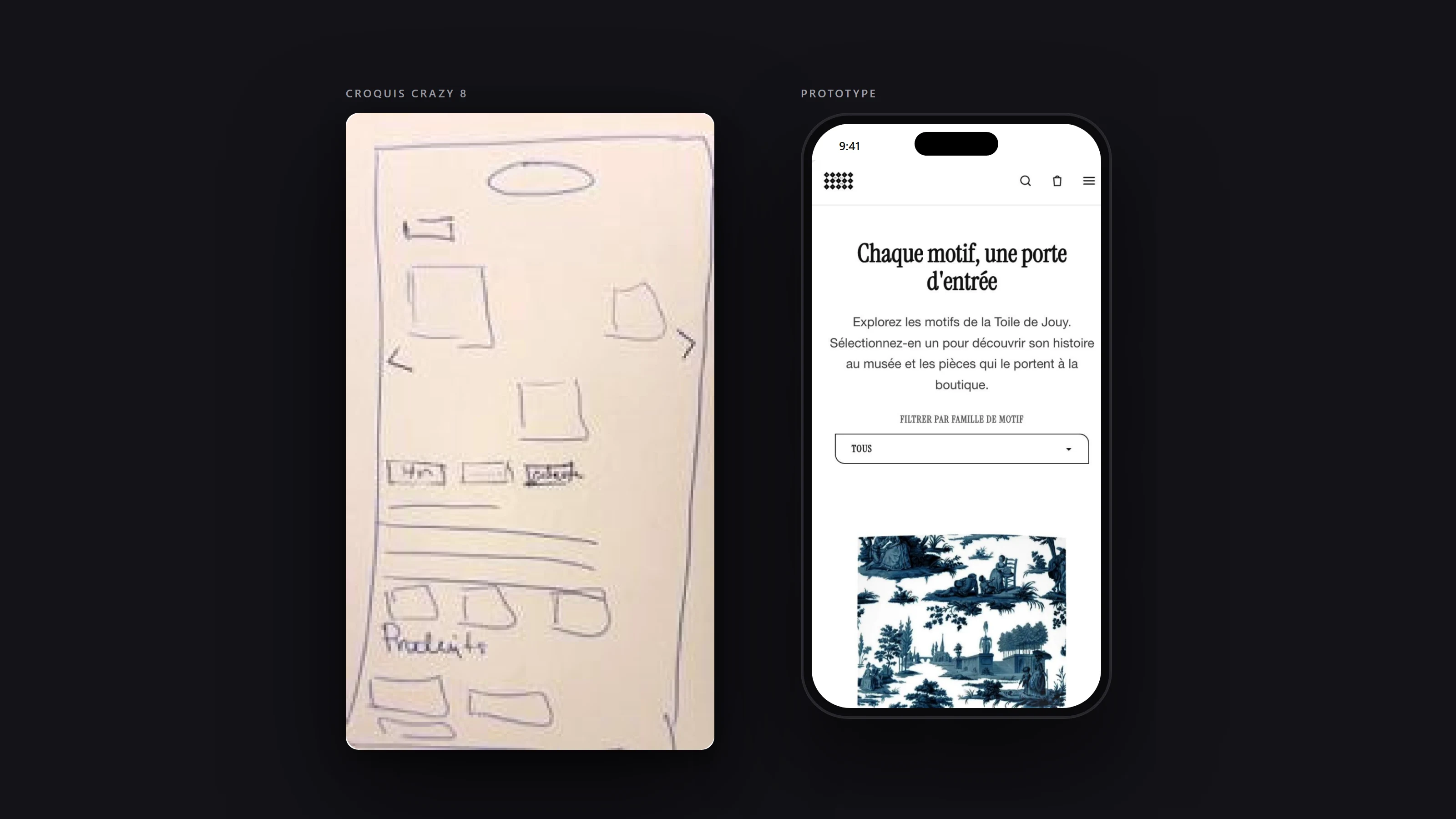Du croquis au prototype : esquisse Crazy 8 d’une page « Motif » à côté de son prototype mobile, titré « Chaque motif, une porte d’entrée », avec un filtre par famille de motif.