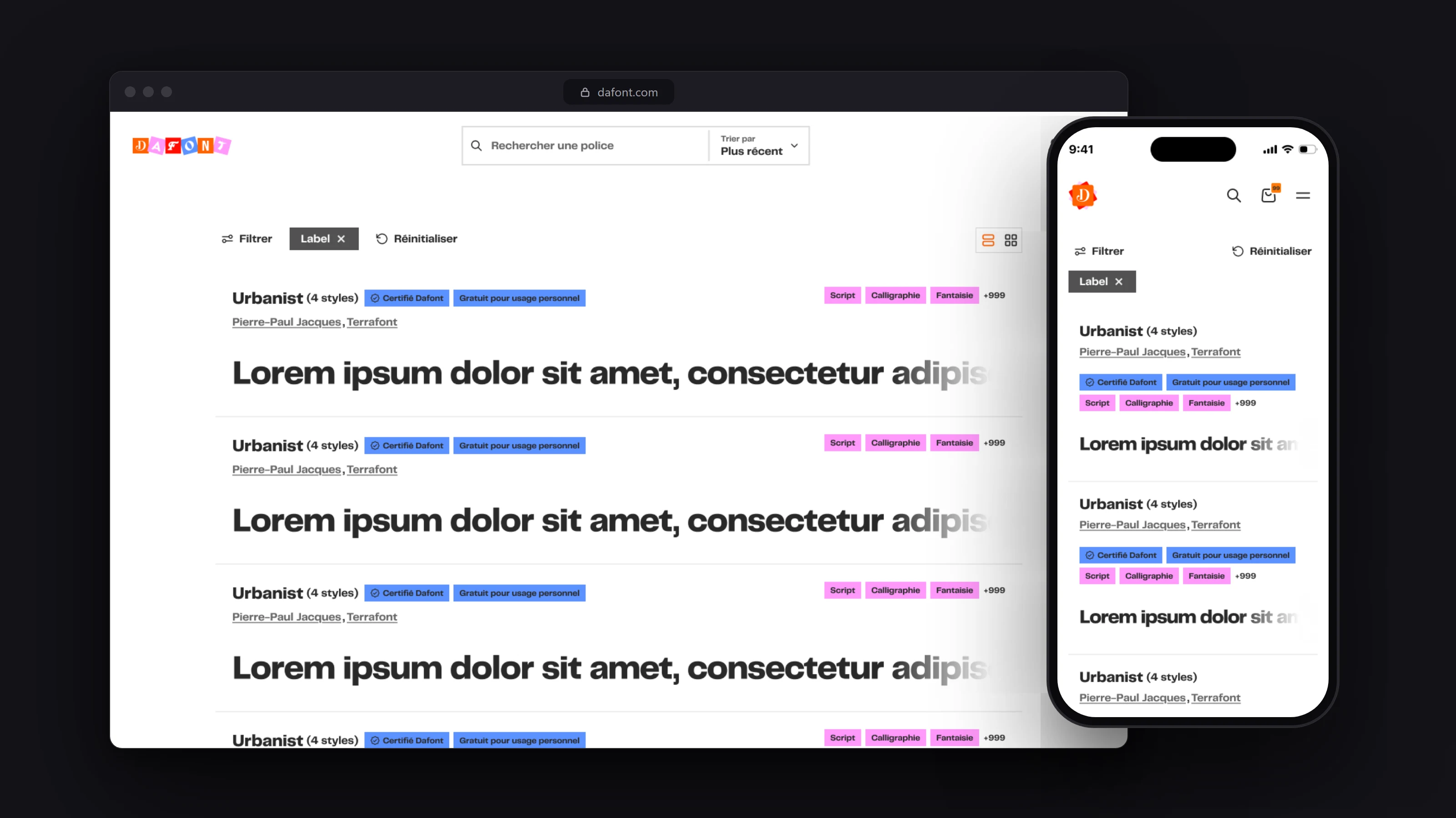 Page d’accueil de DaFont repensée, sur ordinateur et sur mobile : barre de recherche avec tri, filtres et liste de polices avec auteur, licence et tags de style.