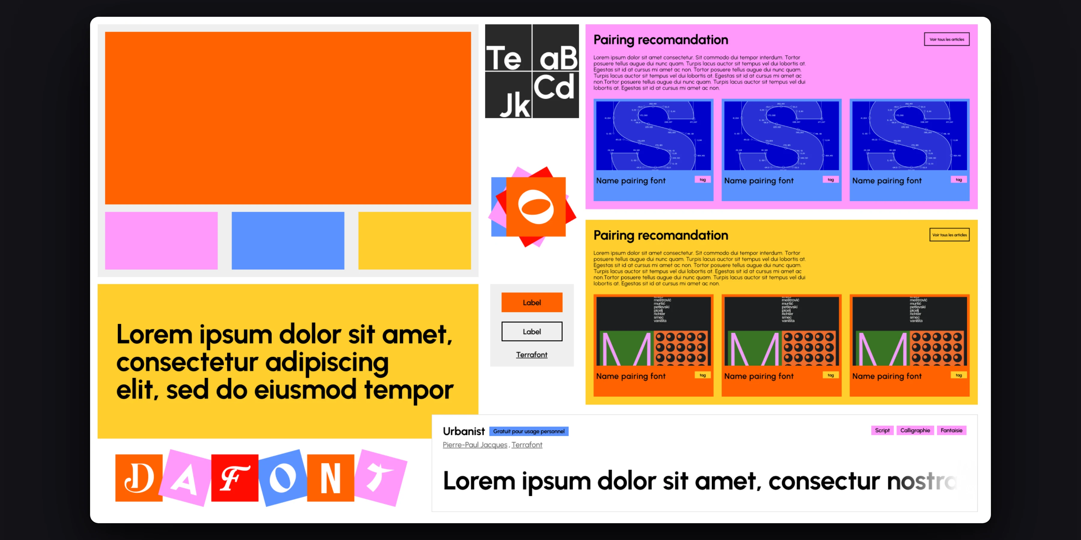 Planche du design system DaFont : palette orange, rose, bleu et jaune, spécimens typographiques, boutons, logo en lettres-tuiles, carte de police et cartes de recommandation de pairing.