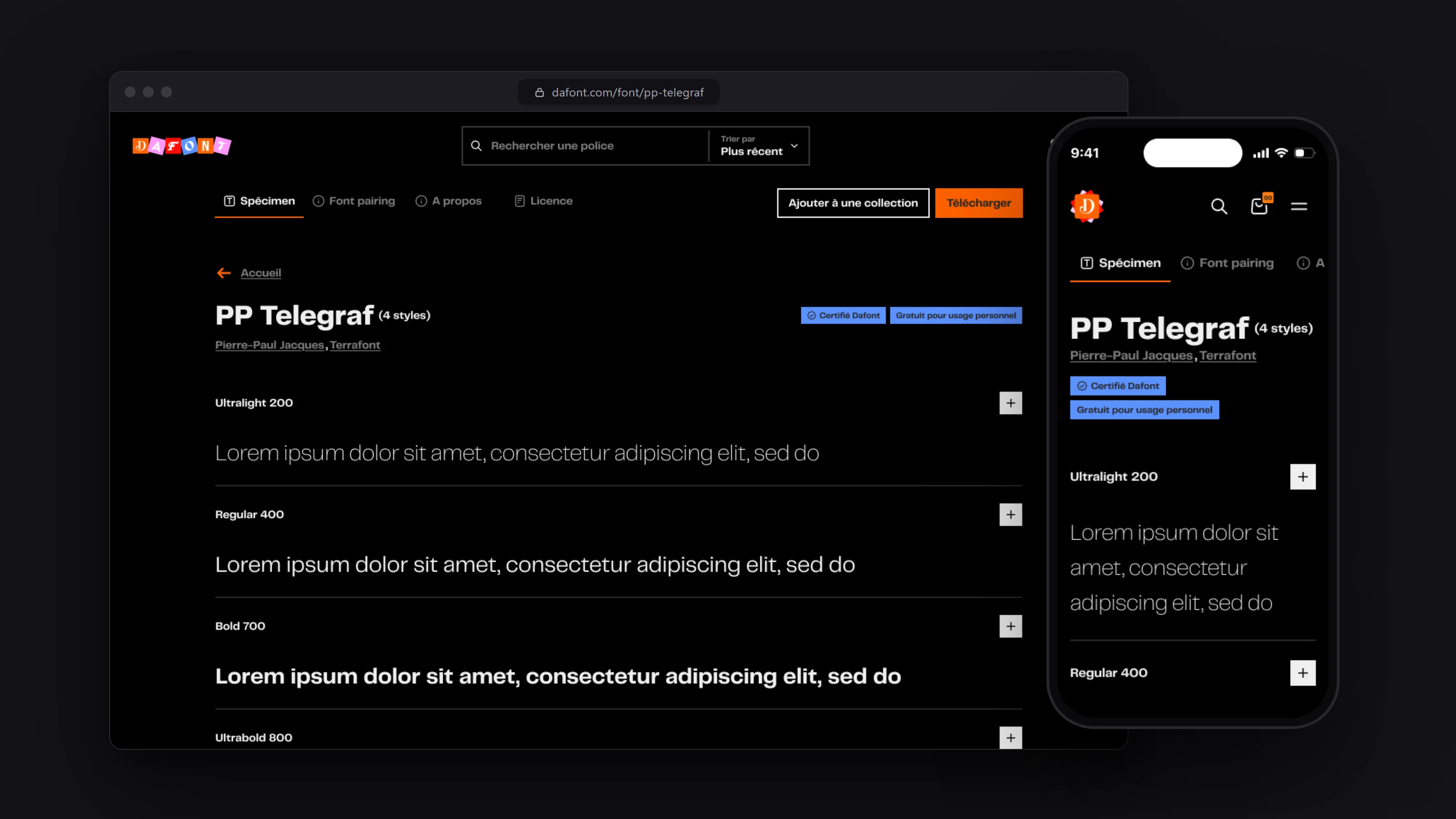 Fiche police « PP Telegraf » en mode sombre, sur ordinateur et sur mobile : onglets Spécimen, Font pairing, À propos et Licence, puis aperçu de chaque graisse.
