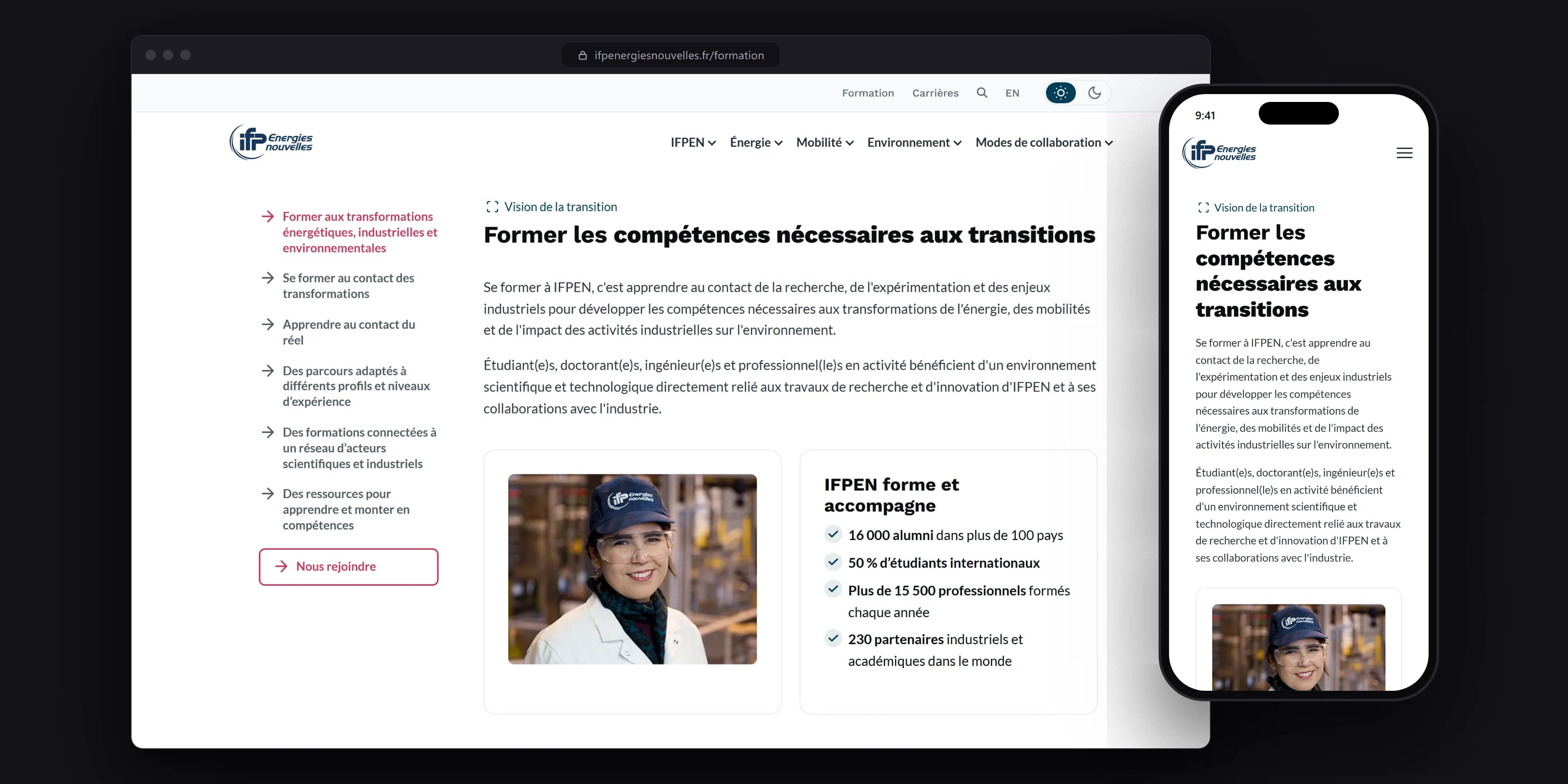 Page carrefour Formation sur ordinateur et sur mobile : sommaire latéral de la page, section « Former les compétences nécessaires aux transitions » et encart de chiffres clés « IFPEN forme et accompagne ».