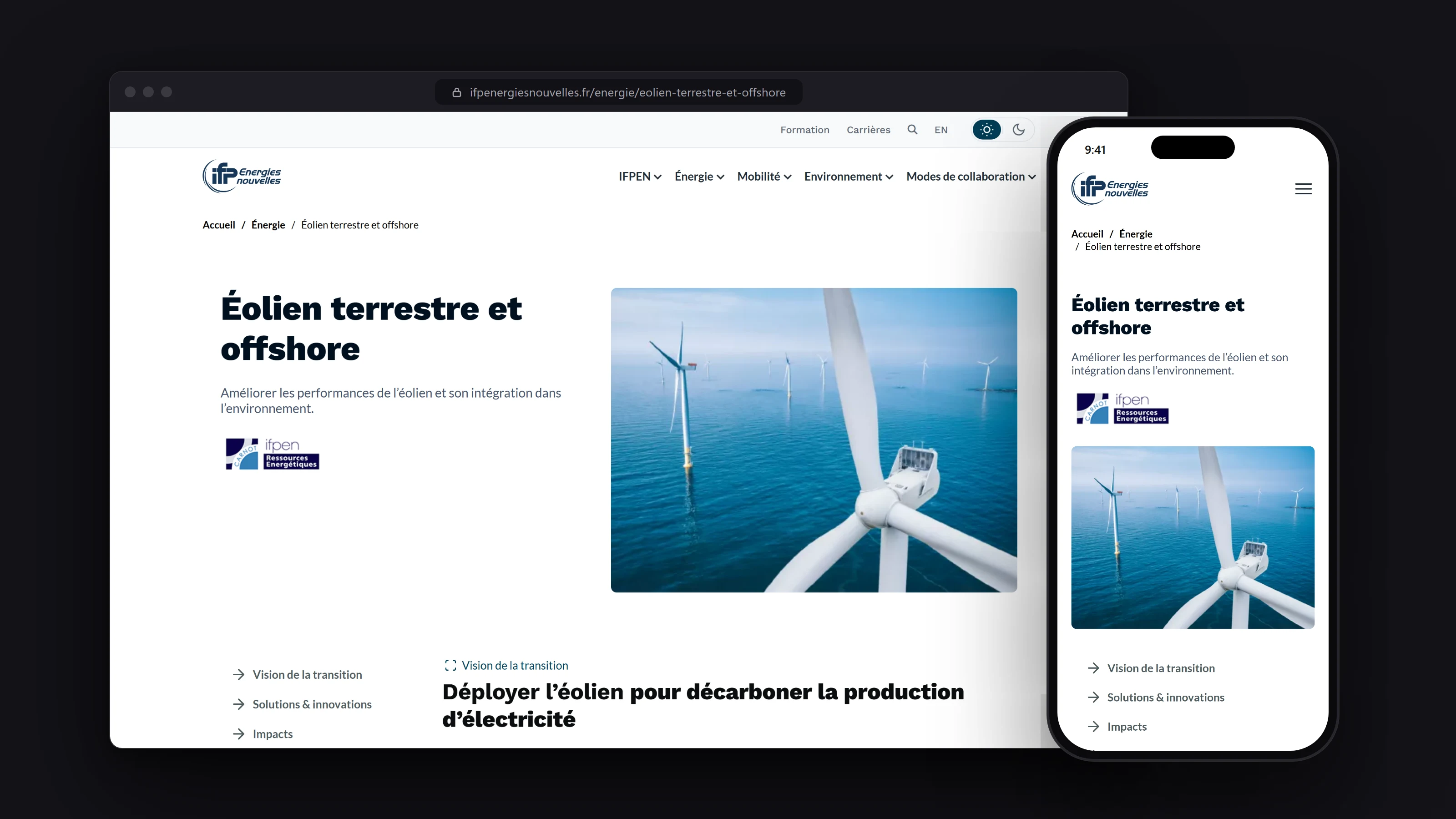 Page thématique « Éolien terrestre et offshore » sur ordinateur et sur mobile : fil d’Ariane, titre, sous-titre, label Carnot et photo d’un parc éolien en mer.