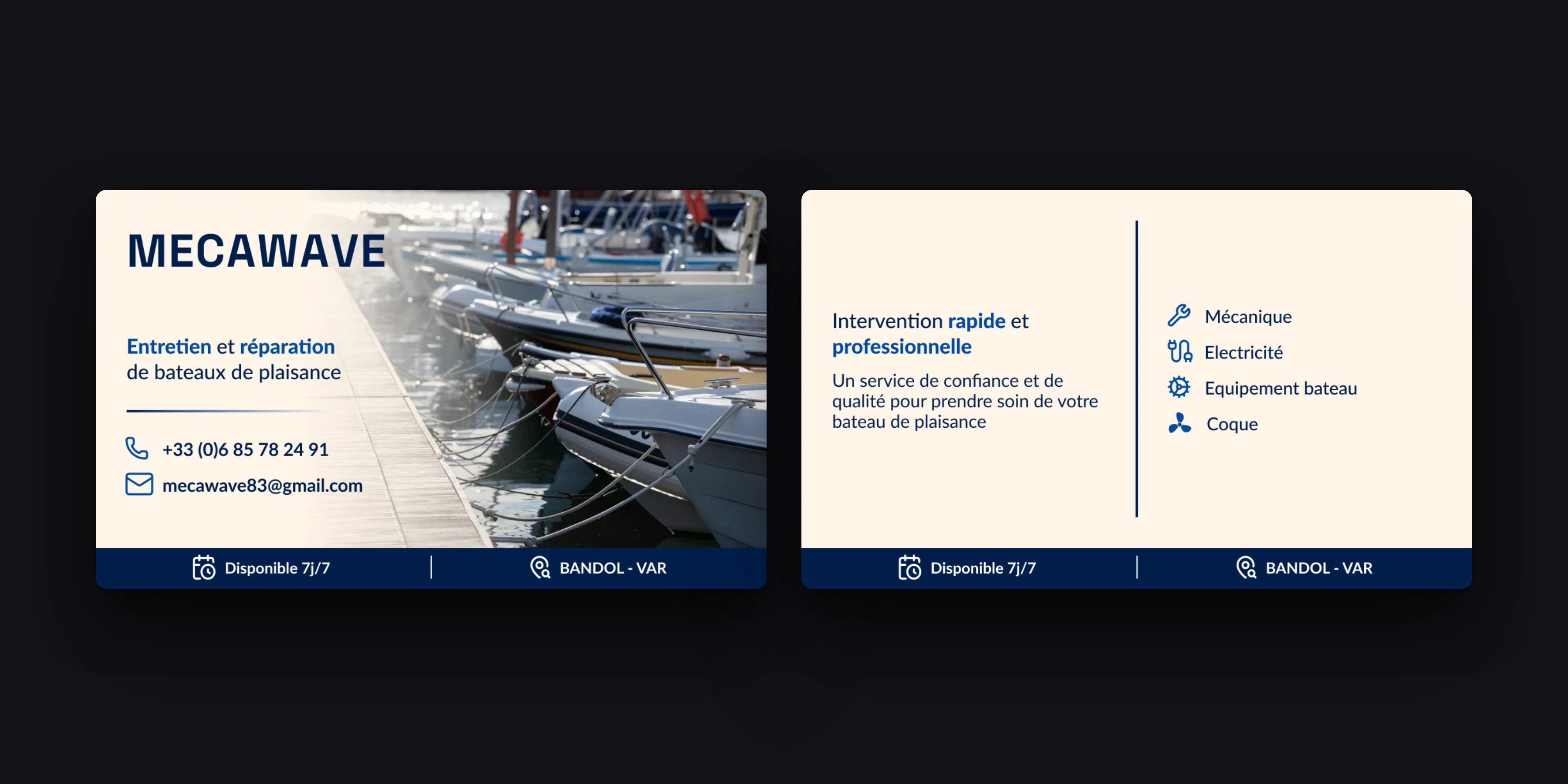 Recto et verso de la carte côte à côte ; le verso affiche « Intervention rapide et professionnelle » et quatre services pictographiés : mécanique, électricité, équipement bateau, coque.