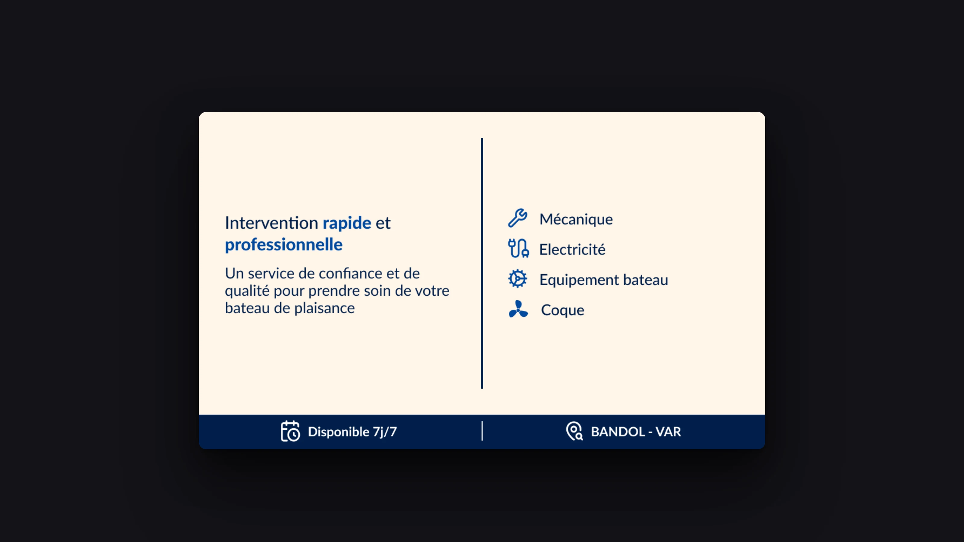 Verso de la carte MecaWave : promesse « Intervention rapide et professionnelle », phrase de réassurance et quatre services pictographiés (mécanique, électricité, équipement bateau, coque), même bandeau en pied de carte.