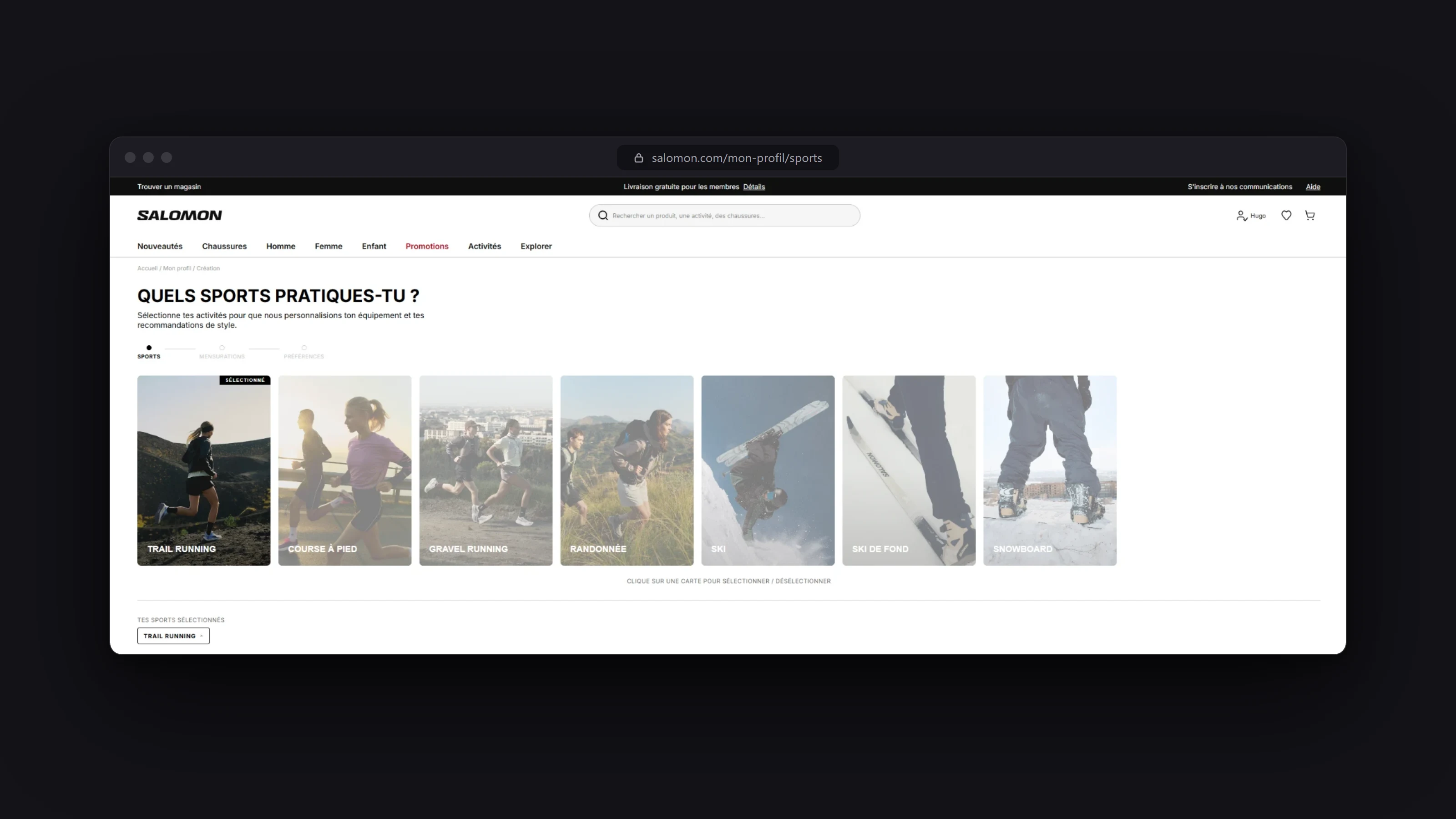 Étape 1 de la création du profil, « Quels sports pratiques-tu ? » : cartes photo de sept sports, dont Trail running sélectionné avec un badge, et rappel de la sélection en bas.