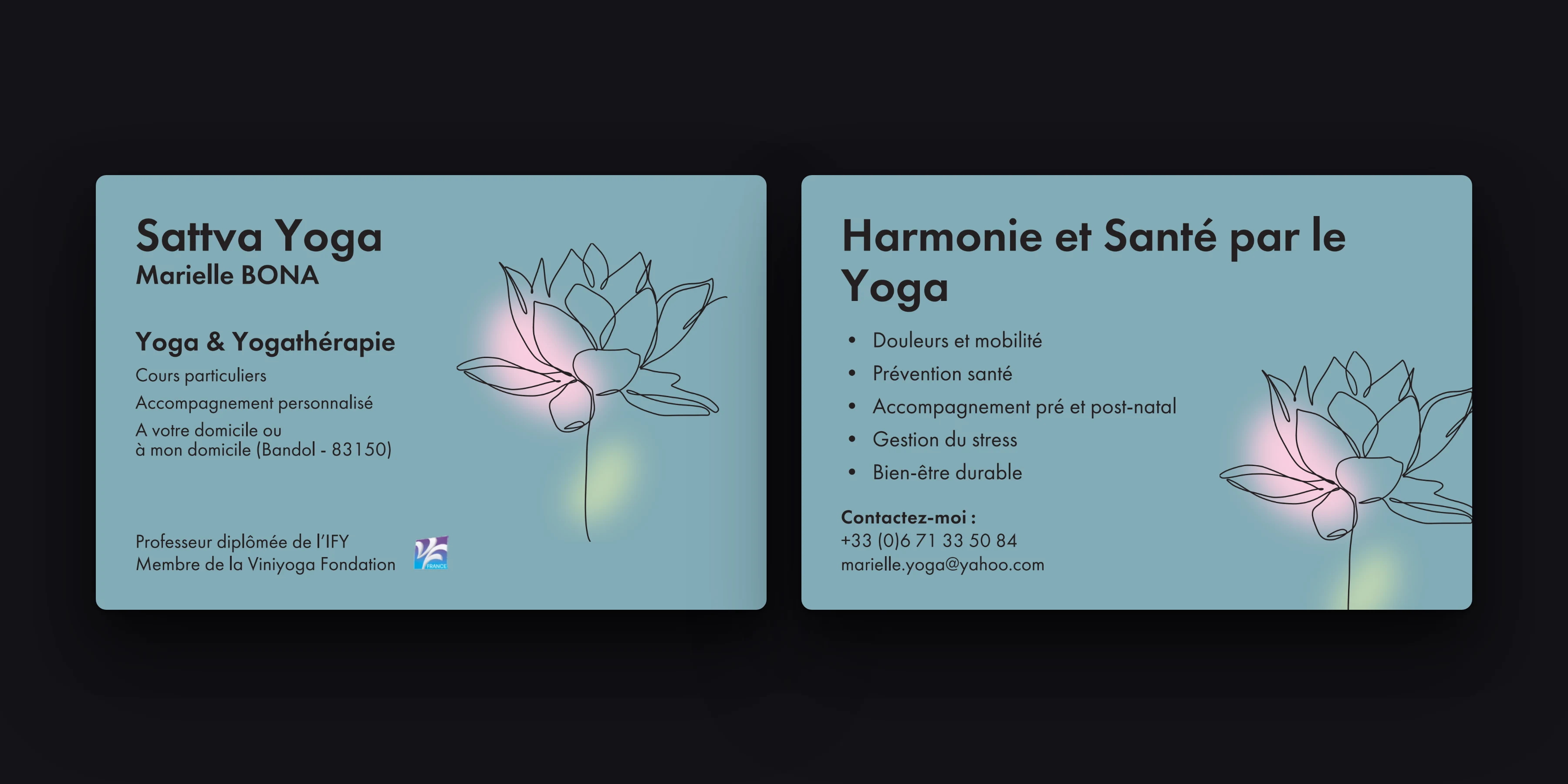 Recto et verso de la carte Sattva Yoga côte à côte, unis par le même fond bleu-vert et le lotus d’un seul trait.
